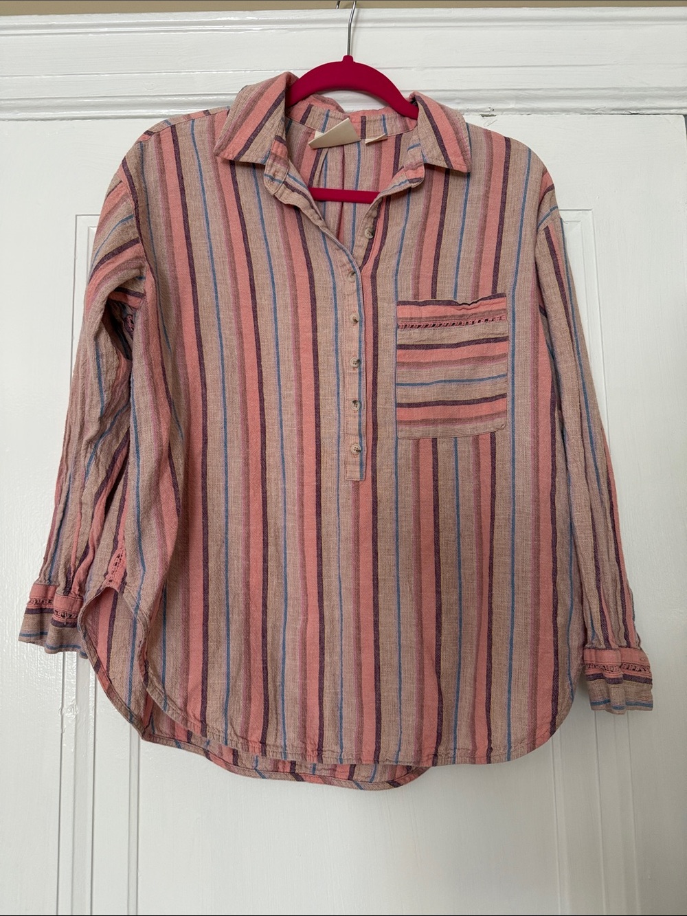 Maeve by Anthropologie Striped Pink, Blue & Mauve Casual 3-4 Button-Down Shirt
